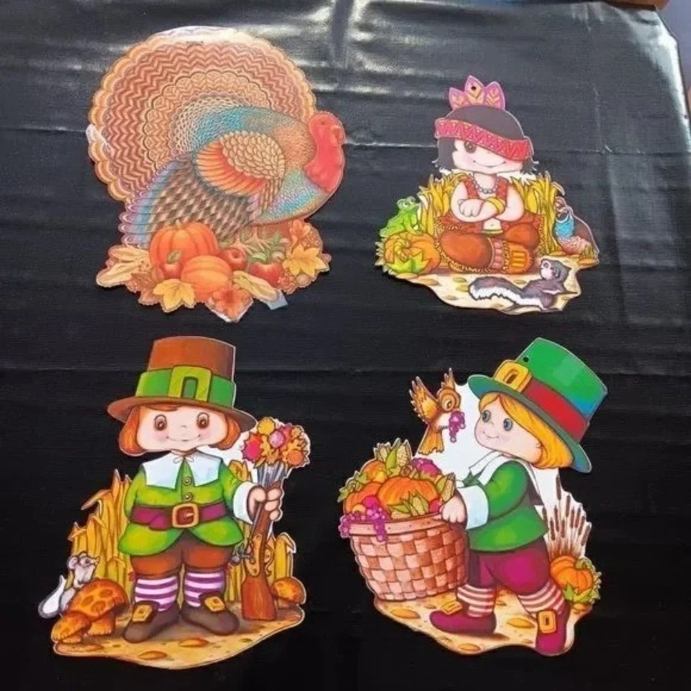 VTG 1970s Beistle Thanksgiving Cardboard Cutouts Lot Turkey Pilgrim Fall‎ Decor